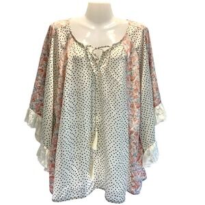 Gigio USA Women's M Floral Polka Dot Lace Front Tie Kimono Pullover Coquette Top